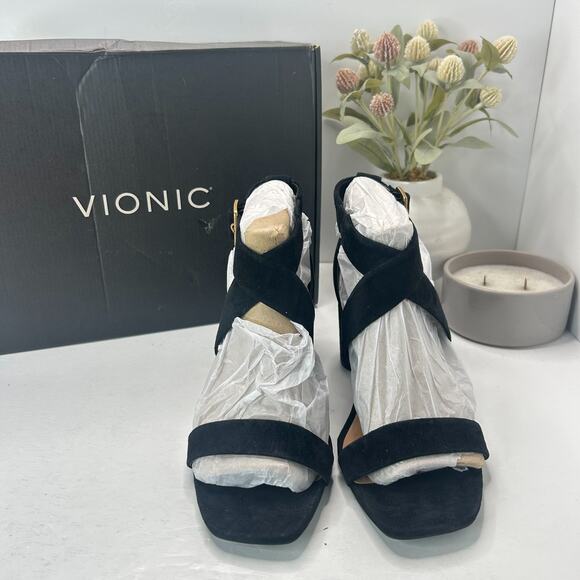 Vionic Marsanne Heeled Sandals Suede Black I8676T2002 Women's 9 Wide Tried On - Picture 4 of 10
